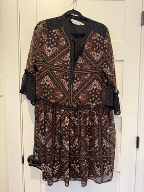 Black & Brown Paisley Mini Dress with Ruffle Sleeves - Maison Simons